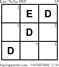 The grouppuzzles.com Easy TicTac-DEF puzzle for Tuesday March 4, 2025 with the first 2 steps marked