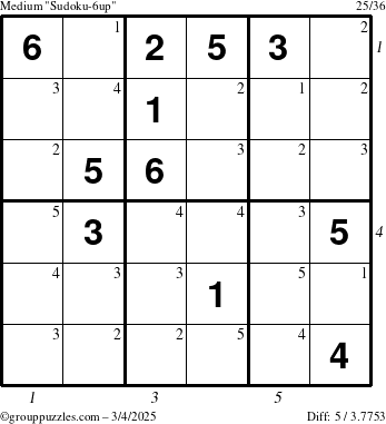 The grouppuzzles.com Medium Sudoku-6up puzzle for Tuesday March 4, 2025, suitable for printing, with all 5 steps marked