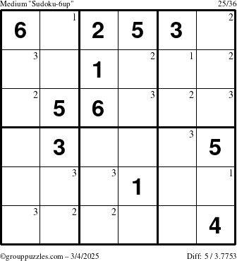 The grouppuzzles.com Medium Sudoku-6up puzzle for Tuesday March 4, 2025 with the first 3 steps marked