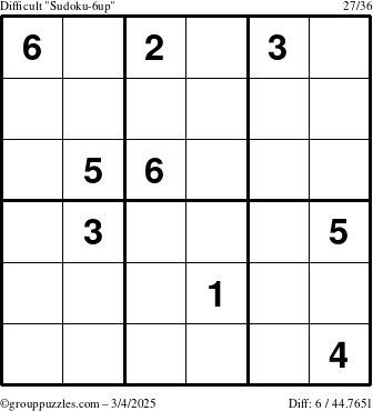 The grouppuzzles.com Difficult Sudoku-6up puzzle for Tuesday March 4, 2025