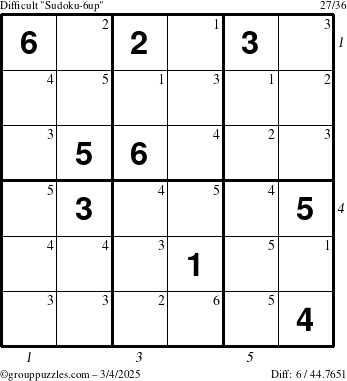 The grouppuzzles.com Difficult Sudoku-6up puzzle for Tuesday March 4, 2025 with all 6 steps marked