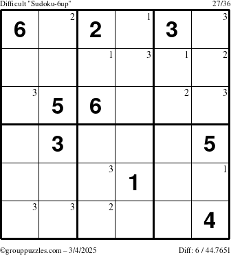 The grouppuzzles.com Difficult Sudoku-6up puzzle for Tuesday March 4, 2025 with the first 3 steps marked