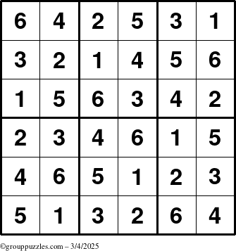 The grouppuzzles.com Answer grid for the Sudoku-6up puzzle for Tuesday March 4, 2025