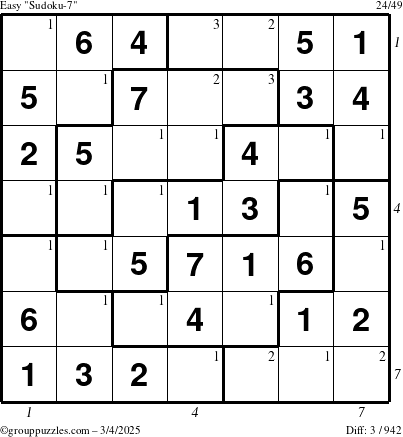 The grouppuzzles.com Easy Sudoku-7 puzzle for Tuesday March 4, 2025 with all 3 steps marked