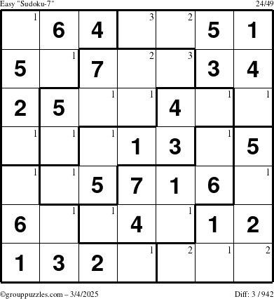 The grouppuzzles.com Easy Sudoku-7 puzzle for Tuesday March 4, 2025 with the first 3 steps marked