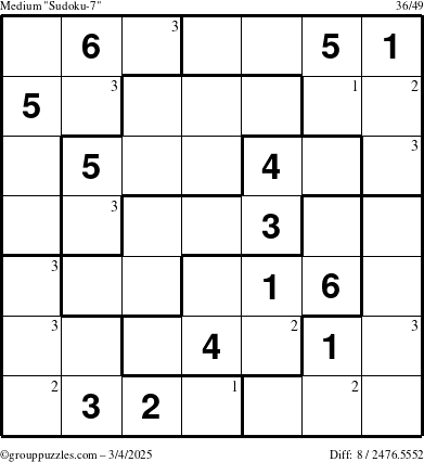 The grouppuzzles.com Medium Sudoku-7 puzzle for Tuesday March 4, 2025 with the first 3 steps marked