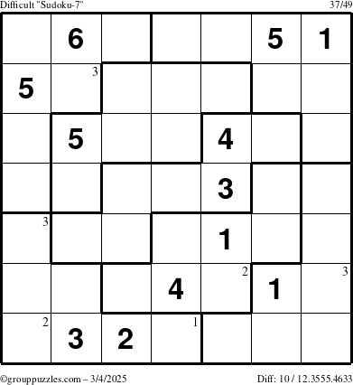 The grouppuzzles.com Difficult Sudoku-7 puzzle for Tuesday March 4, 2025 with the first 3 steps marked