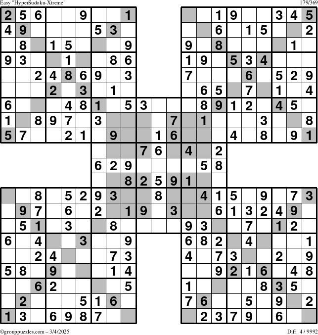 The grouppuzzles.com Easy HyperSudoku-Xtreme puzzle for Tuesday March 4, 2025