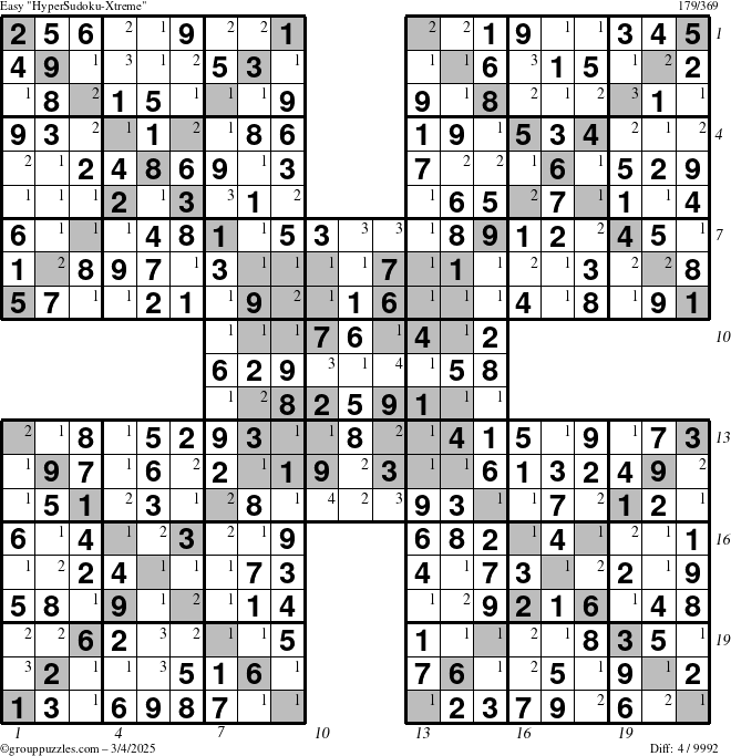 The grouppuzzles.com Easy HyperSudoku-Xtreme puzzle for Tuesday March 4, 2025, suitable for printing, with all 4 steps marked