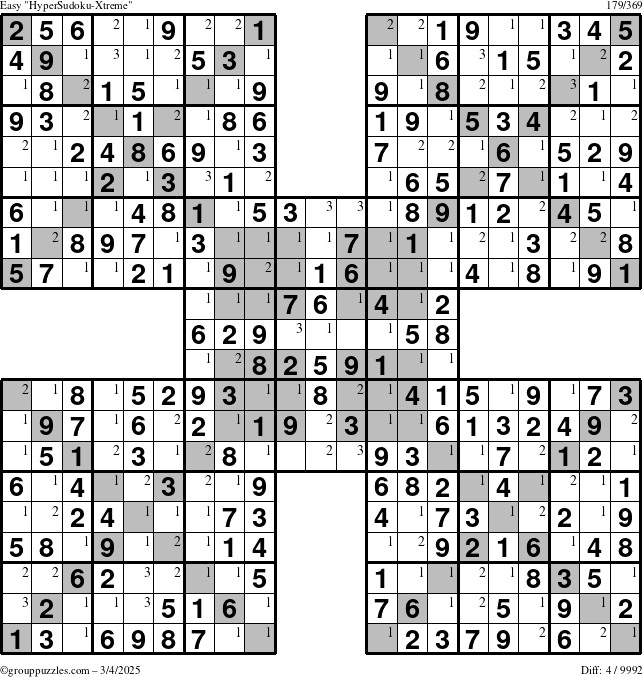 The grouppuzzles.com Easy HyperSudoku-Xtreme puzzle for Tuesday March 4, 2025 with the first 3 steps marked