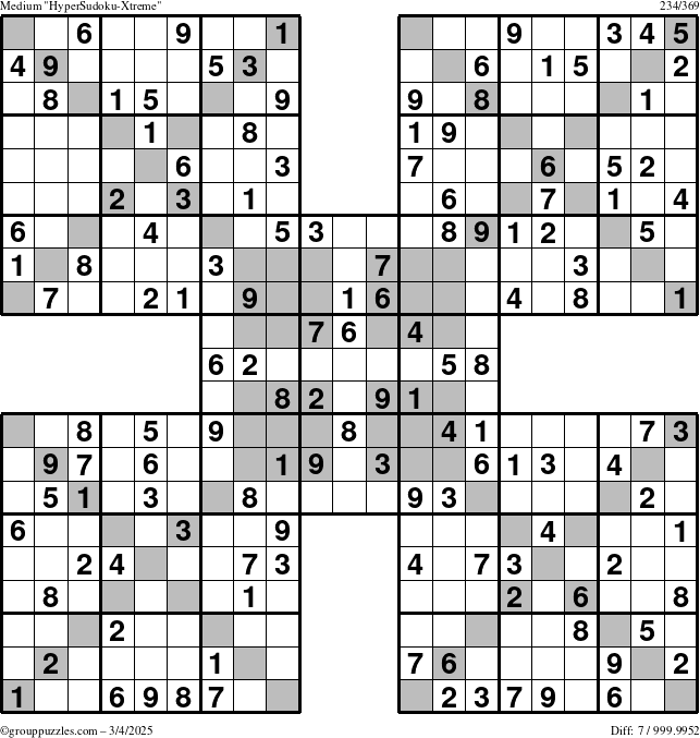 The grouppuzzles.com Medium HyperSudoku-Xtreme puzzle for Tuesday March 4, 2025