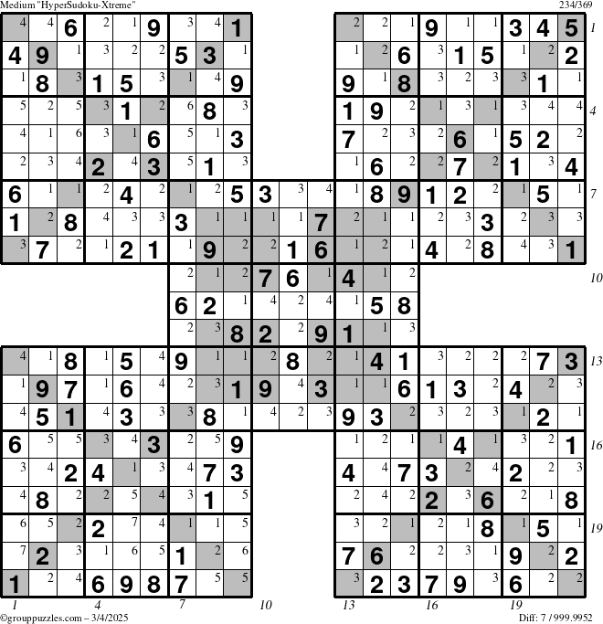 The grouppuzzles.com Medium HyperSudoku-Xtreme puzzle for Tuesday March 4, 2025, suitable for printing, with all 7 steps marked