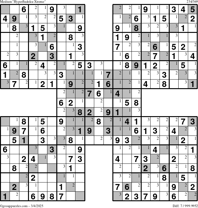 The grouppuzzles.com Medium HyperSudoku-Xtreme puzzle for Tuesday March 4, 2025 with the first 3 steps marked