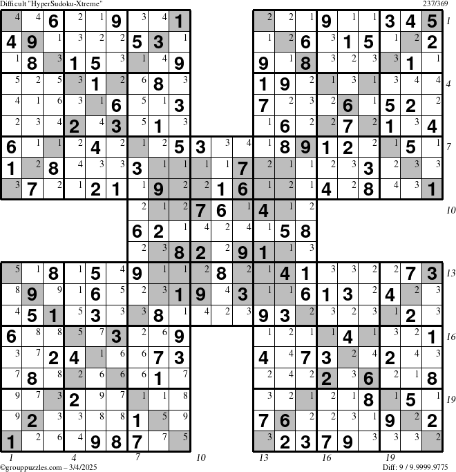 The grouppuzzles.com Difficult HyperSudoku-Xtreme puzzle for Tuesday March 4, 2025 with all 9 steps marked