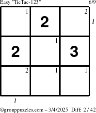 The grouppuzzles.com Easy TicTac-123 puzzle for Tuesday March 4, 2025 with all 2 steps marked