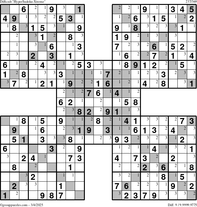 The grouppuzzles.com Difficult HyperSudoku-Xtreme puzzle for Tuesday March 4, 2025 with the first 3 steps marked