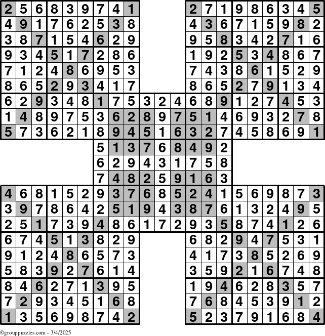 The grouppuzzles.com Answer grid for the HyperSudoku-Xtreme puzzle for Tuesday March 4, 2025