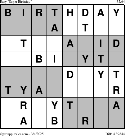 The grouppuzzles.com Easy Super-Birthday puzzle for Tuesday March 4, 2025