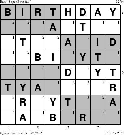 The grouppuzzles.com Easy Super-Birthday puzzle for Tuesday March 4, 2025 with all 4 steps marked