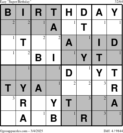 The grouppuzzles.com Easy Super-Birthday puzzle for Tuesday March 4, 2025 with the first 3 steps marked