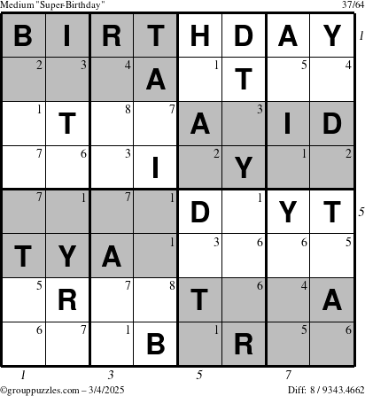 The grouppuzzles.com Medium Super-Birthday puzzle for Tuesday March 4, 2025 with all 8 steps marked