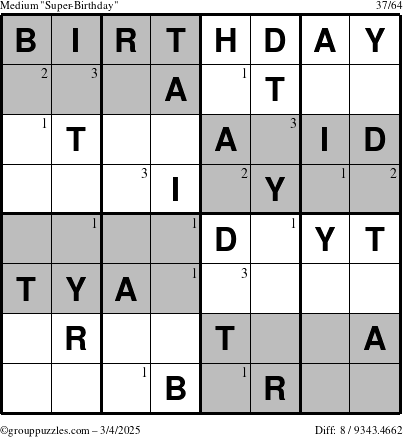 The grouppuzzles.com Medium Super-Birthday puzzle for Tuesday March 4, 2025 with the first 3 steps marked