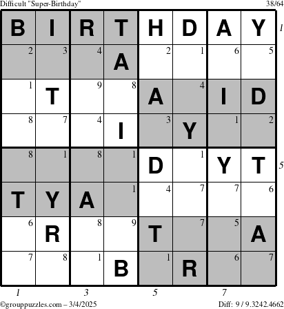 The grouppuzzles.com Difficult Super-Birthday puzzle for Tuesday March 4, 2025 with all 9 steps marked