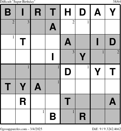 The grouppuzzles.com Difficult Super-Birthday puzzle for Tuesday March 4, 2025 with the first 3 steps marked