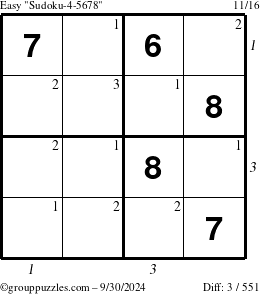 The grouppuzzles.com Easy Sudoku-4-5678 puzzle for Monday September 30, 2024, suitable for printing, with all 3 steps marked