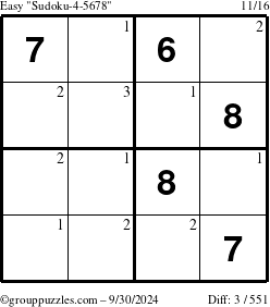 The grouppuzzles.com Easy Sudoku-4-5678 puzzle for Monday September 30, 2024 with the first 3 steps marked