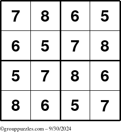 The grouppuzzles.com Answer grid for the Sudoku-4-5678 puzzle for Monday September 30, 2024