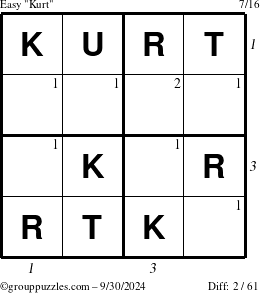 The grouppuzzles.com Easy Kurt puzzle for Monday September 30, 2024 with all 2 steps marked