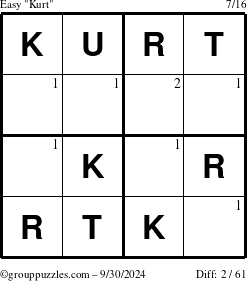 The grouppuzzles.com Easy Kurt puzzle for Monday September 30, 2024 with the first 2 steps marked