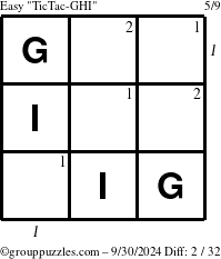 The grouppuzzles.com Easy TicTac-GHI puzzle for Monday September 30, 2024 with all 2 steps marked