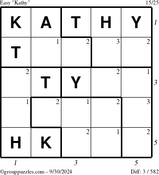 The grouppuzzles.com Easy Kathy puzzle for Monday September 30, 2024 with all 3 steps marked