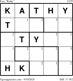 The grouppuzzles.com Easy Kathy puzzle for Monday September 30, 2024 with the first 3 steps marked