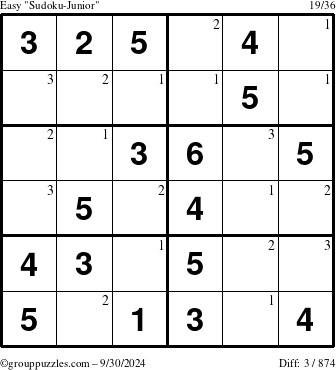 The grouppuzzles.com Easy Sudoku-Junior puzzle for Monday September 30, 2024 with the first 3 steps marked