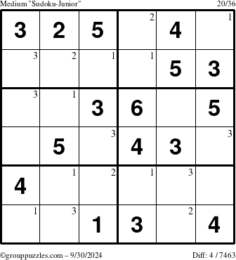 The grouppuzzles.com Medium Sudoku-Junior puzzle for Monday September 30, 2024 with the first 3 steps marked