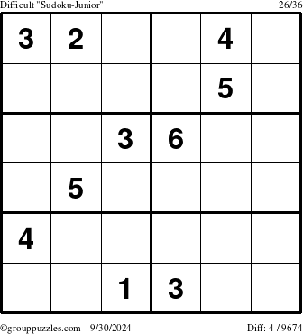 The grouppuzzles.com Difficult Sudoku-Junior puzzle for Monday September 30, 2024