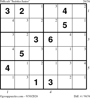 The grouppuzzles.com Difficult Sudoku-Junior puzzle for Monday September 30, 2024 with all 4 steps marked