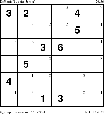 The grouppuzzles.com Difficult Sudoku-Junior puzzle for Monday September 30, 2024 with the first 3 steps marked