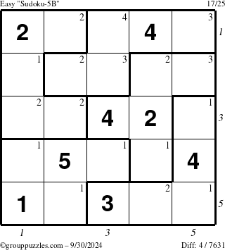 The grouppuzzles.com Easy Sudoku-5B puzzle for Monday September 30, 2024 with all 4 steps marked