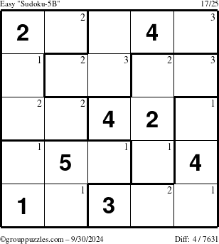 The grouppuzzles.com Easy Sudoku-5B puzzle for Monday September 30, 2024 with the first 3 steps marked