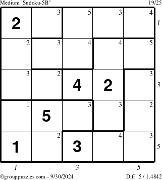 The grouppuzzles.com Medium Sudoku-5B puzzle for Monday September 30, 2024 with all 5 steps marked