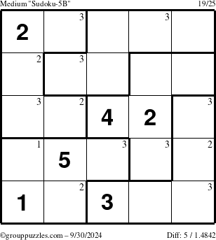 The grouppuzzles.com Medium Sudoku-5B puzzle for Monday September 30, 2024 with the first 3 steps marked