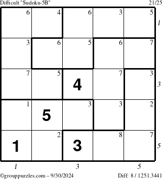 The grouppuzzles.com Difficult Sudoku-5B puzzle for Monday September 30, 2024 with all 8 steps marked