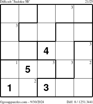 The grouppuzzles.com Difficult Sudoku-5B puzzle for Monday September 30, 2024 with the first 3 steps marked