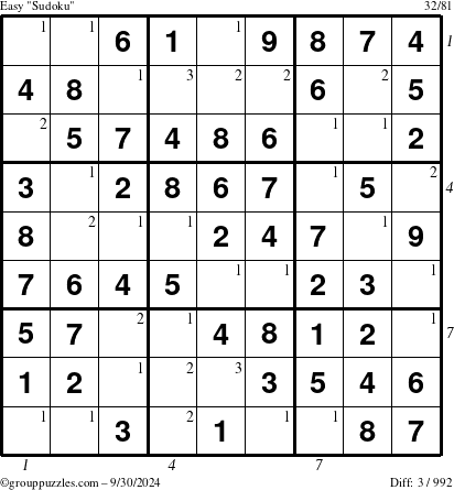 The grouppuzzles.com Easy Sudoku puzzle for Monday September 30, 2024, suitable for printing, with all 3 steps marked