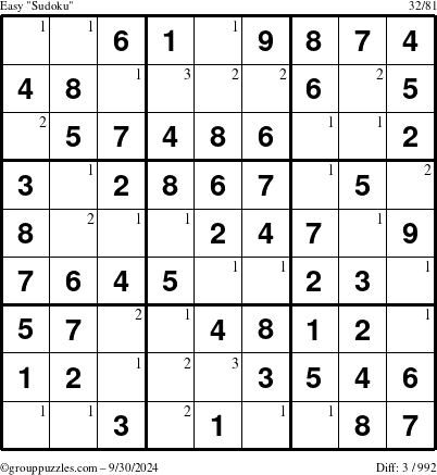 The grouppuzzles.com Easy Sudoku puzzle for Monday September 30, 2024 with the first 3 steps marked