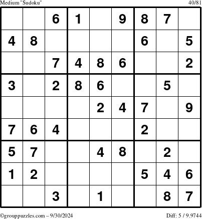 The grouppuzzles.com Medium Sudoku puzzle for Monday September 30, 2024